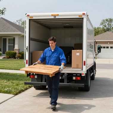 Mover carrying a wooden table from a white box truck in a suburban driveway