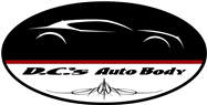 Logo: Black oval with white car silhouette and "D.C.'s Auto Body" text above design element, red stripe.