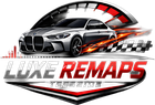 Luxe Remaps Teesside logo: Silver BMW with speedometer, flames, and checkered flag design, red and silver text.