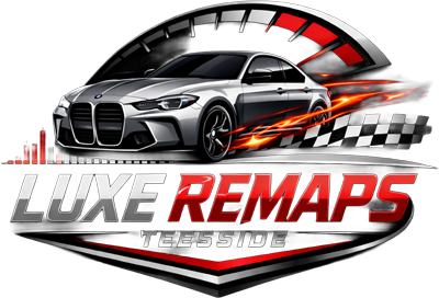 Luxe Remaps Teesside logo: Silver BMW with speedometer, flames, and checkered flag design, red and silver text.