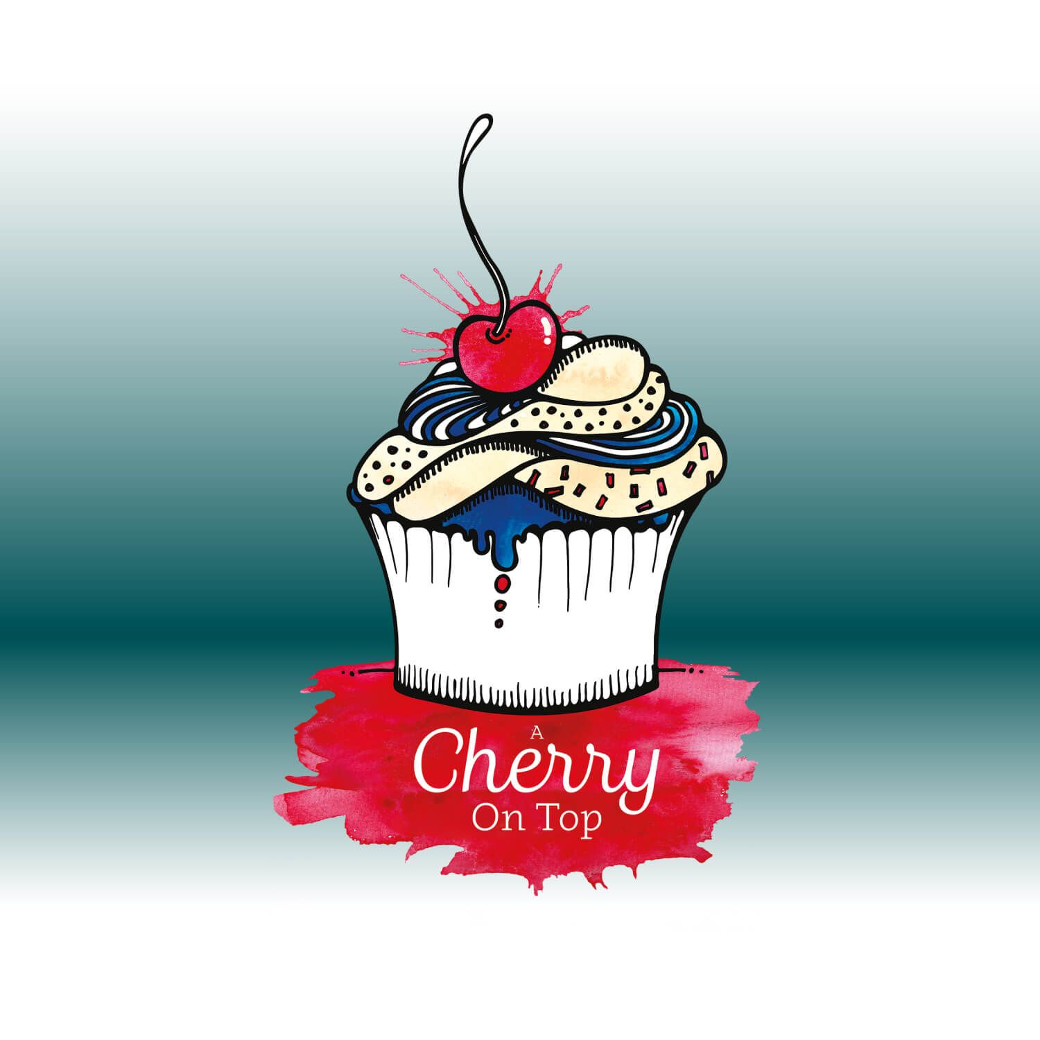 A Cherry On Top bakers cake maker illustrated logo of a cupcake with British red, blue and white watercolours. Designed by MooksGoo