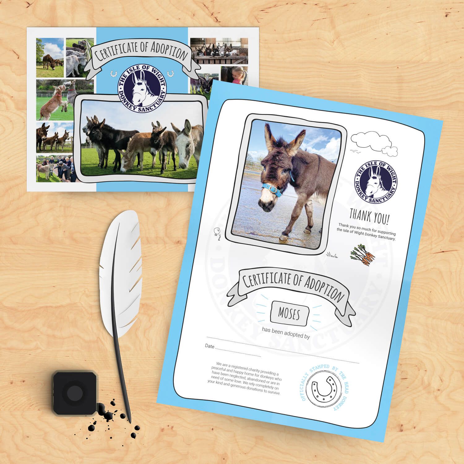 Folded A4 adoption certificate for the  Isle of Wight Donkey Sanctuary, designed by MooksGoo