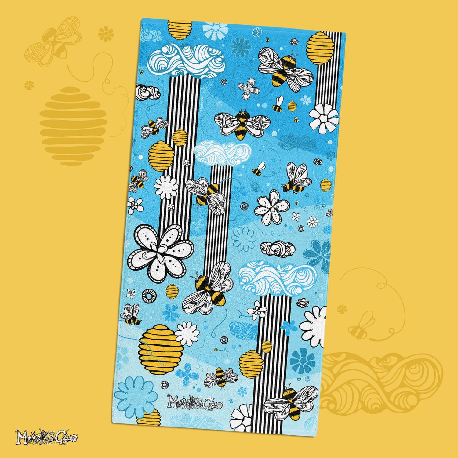 Honey bees and blue sky pattern on a beach towel, designed by MooksGoo