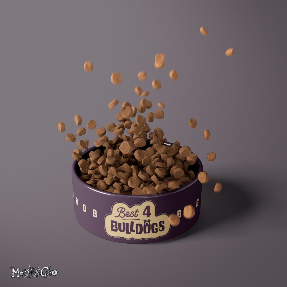 A bespoke logo design for the Best 4 bulldog company, embossed with purple on a ceramic purple dog food bowl. Designed by MooksGoo