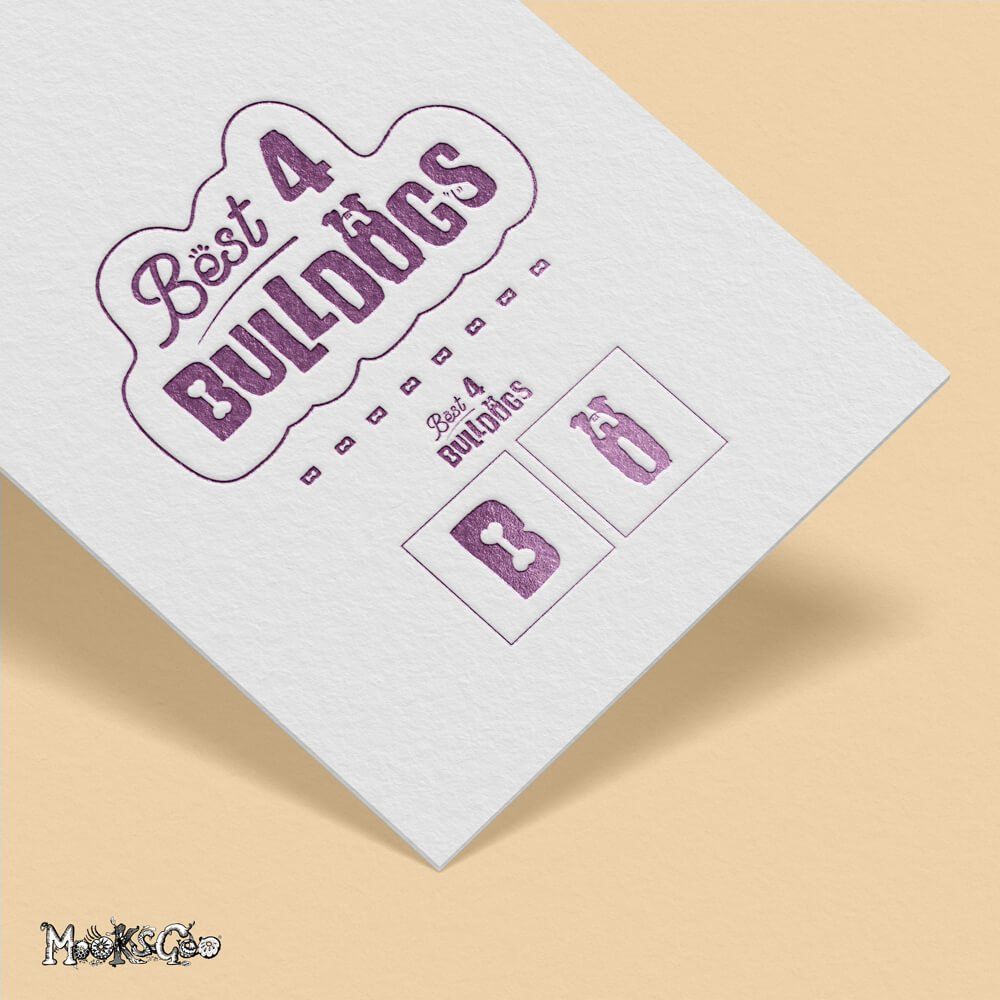 A bespoke logo design for Best 4 bulldog company, embossed with purple on a white business card. Designed by MooksGoo