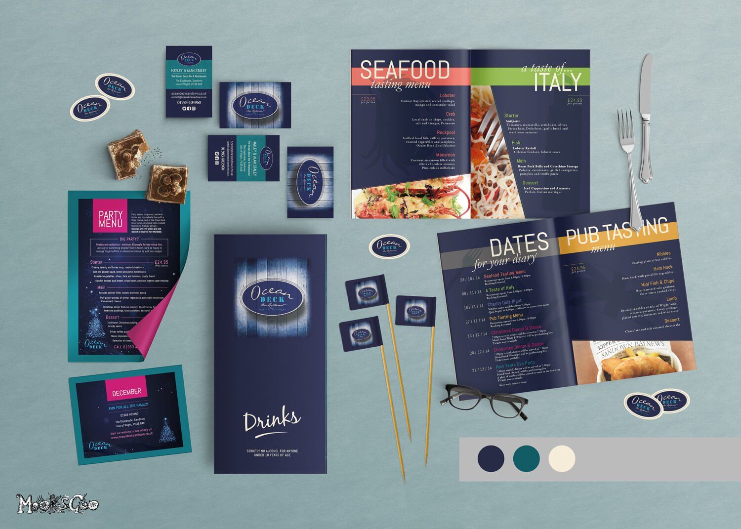 Posters, flyers, booklets, stickers, cocktail sticks and promotional branding for the Ocean Deck, Sandown, Isle of Wight, designed by MooksGoo