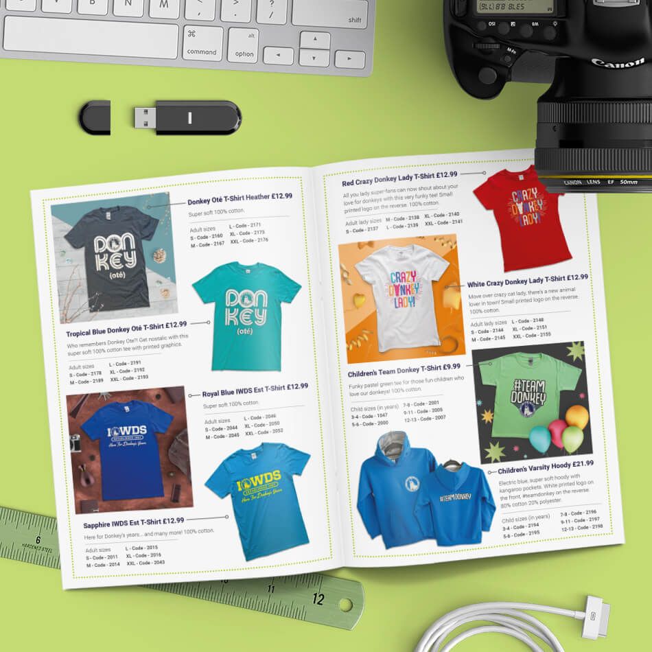 Catalogue for the Isle of Wight Donkey Sanctuary's shop, including quirky t-shirts and branded clothing, photography and graphic design by MooksGoo