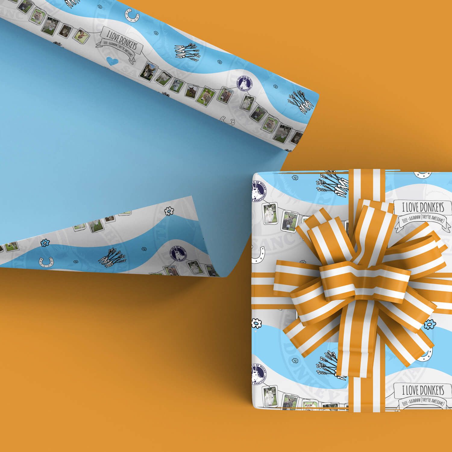 Funky illustrated wrapping paper with donkeys from the Isle of Wight Donkey Sanctuary, designed by MooksGoo