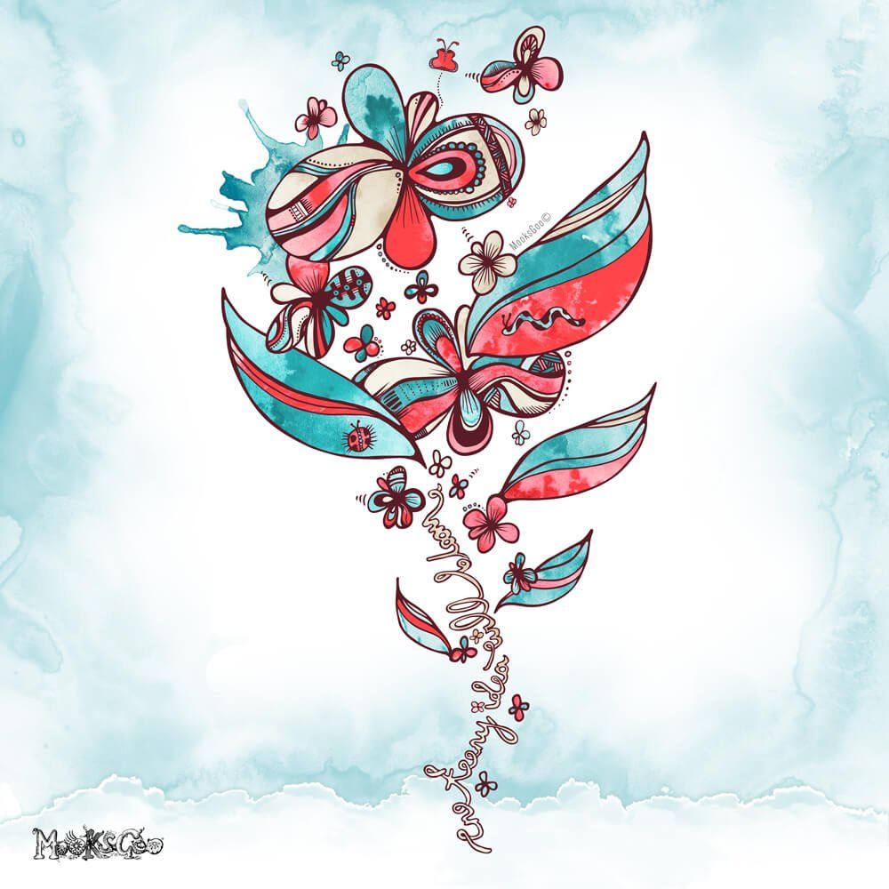 One Teeny Idea Will Bloom is a coral and sea turquoise illustration of a blooming funky summer flower, designed by MooksGoo