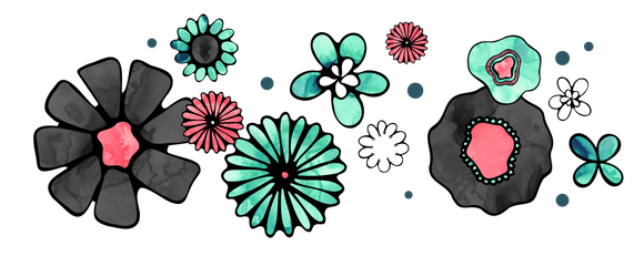 Image of bright and colourful illustrated flowers with turquoise and coral watercolours, designed by MooksGoo