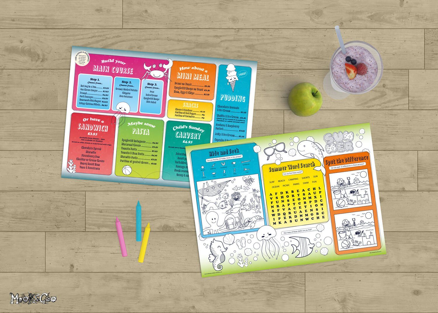 Kids menu with colouring in A3 sheet for the Ocean Deck, Sandown, Isle of Wight, designed by MooksGoo
