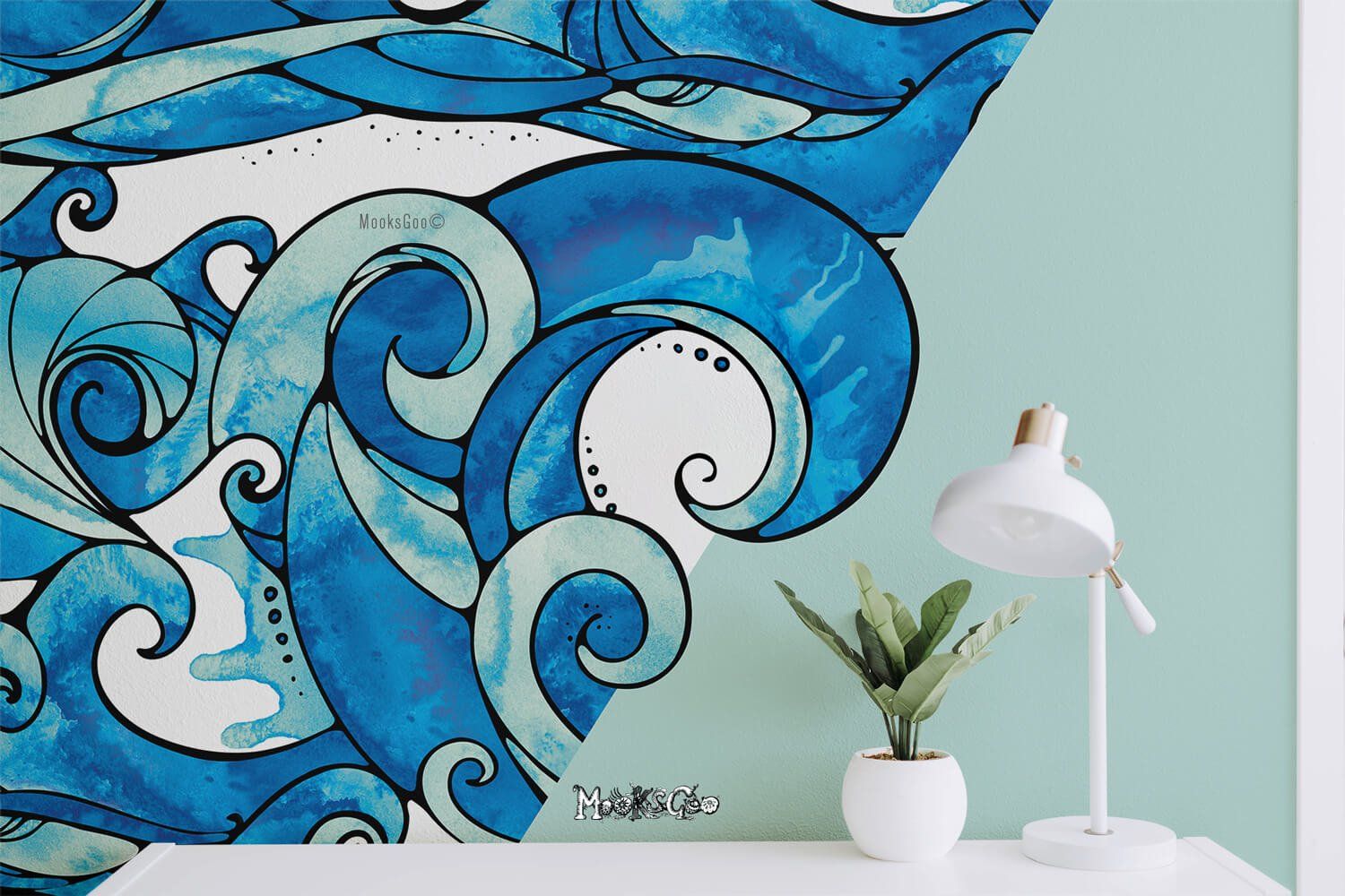 Original artwork of an illustrated wave repeat pattern applied to wallpaper as a feature wall for interior design inspiration, designed by MooksGoo