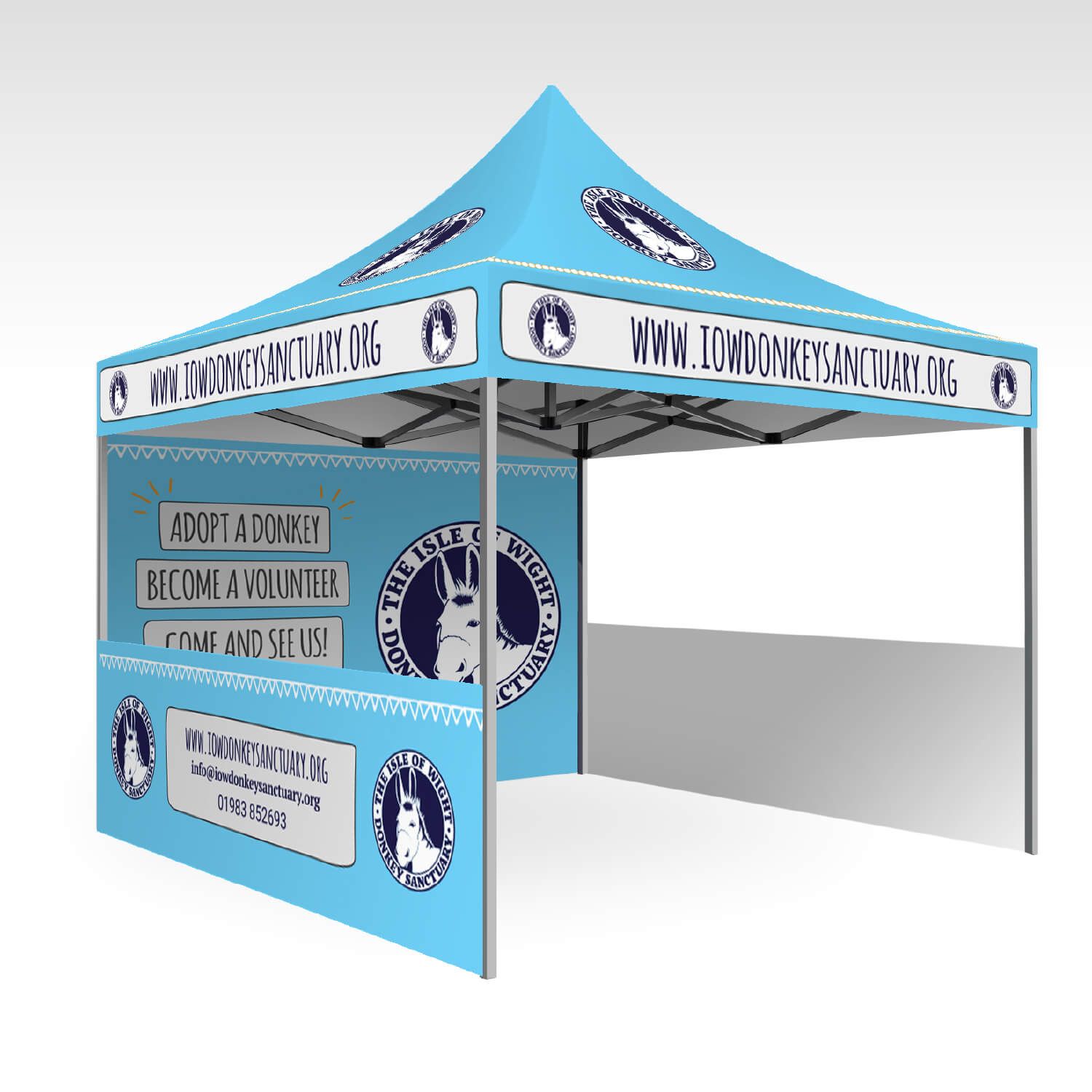 Bespoke blue gazebo with the Isle of Wight Donkey Sanctuary branding, designed by MooksGoo