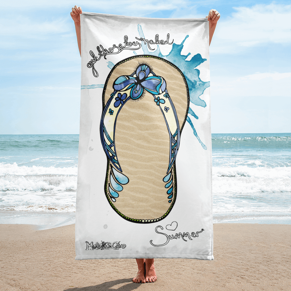 Get those toes naked - a crazy summer funky flip flop with splashes of sea blue watercolours, which as been printed on a large soft towel. Designed by MooksGoo