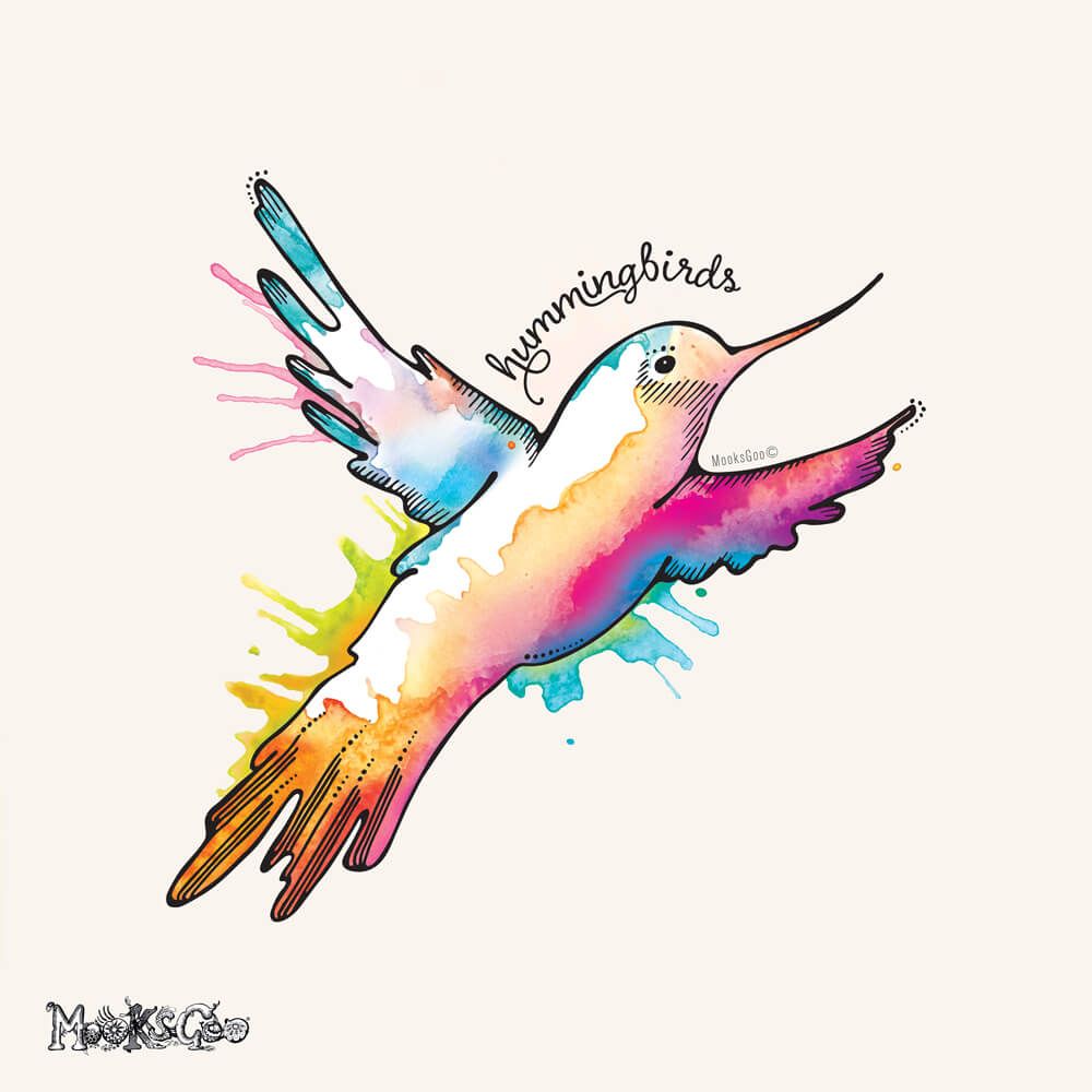 Bright rainbow coloured splashy watercolour hummingbird logo, illustrated by MooksGoo