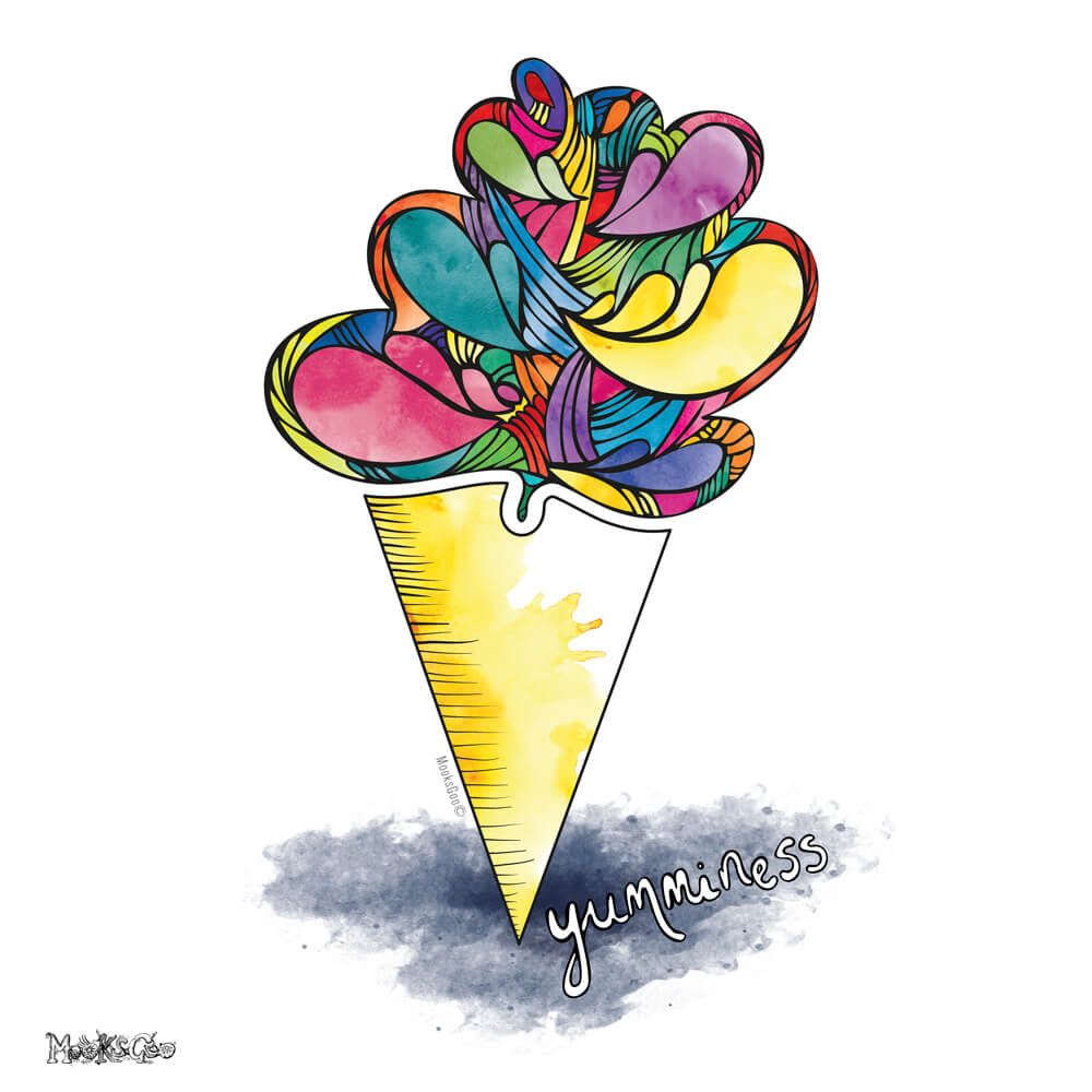 Yumminess is an illustrated rainbow coloured ice cream cone with swirling summer vibrant watercolours. Designed by MooksGoo