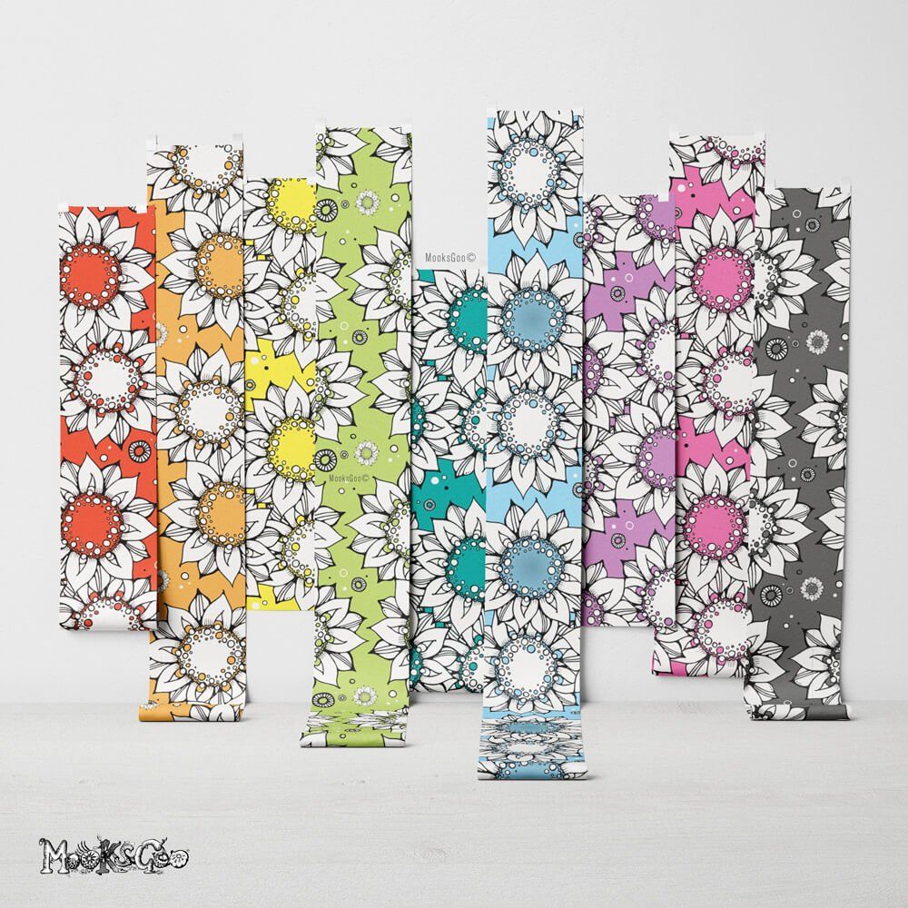 Rainbow sunflower pattern on wallpaper, illustrated by MooksGoo