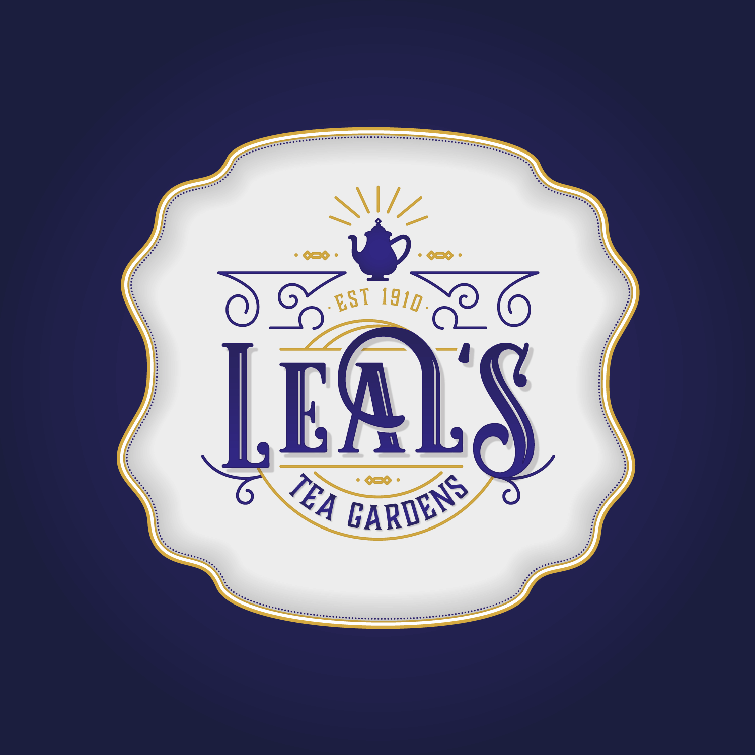 Leal's Tea Gardens art deco style branding logo, with luxurious golds and rich navy blue colours. Designed by MooksGoo