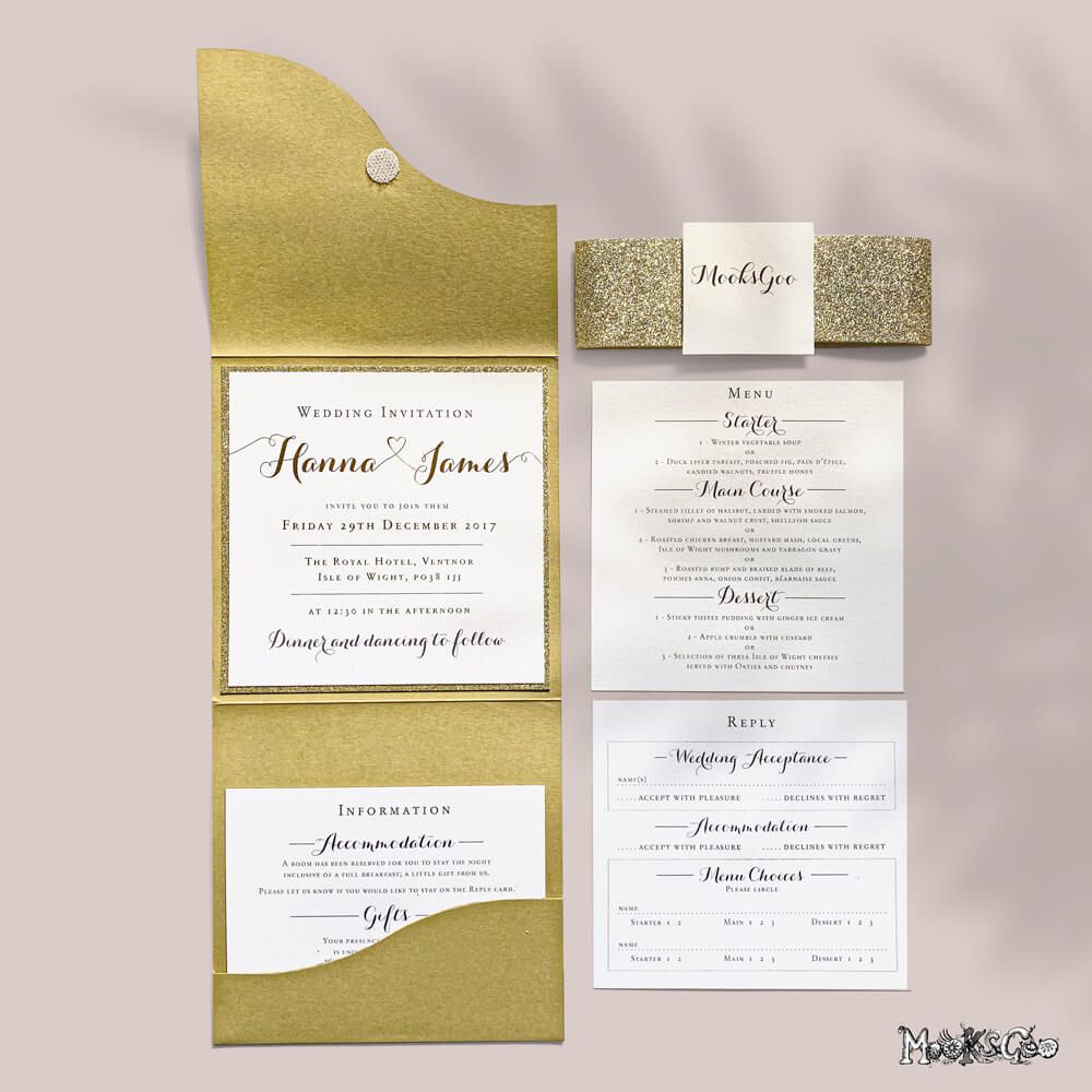 Luxurious gold and shimmer pearl wedding invitation, rsvp reply card, menu, and accommodation and gift information. Designed by MooksGoo