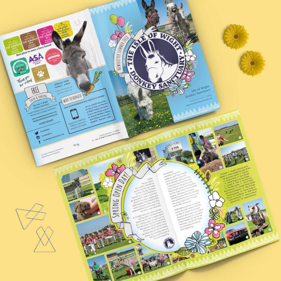 Biannual newsletter and magazine for the Isle of Wight Donkey Sanctuary, designed by MooksGoo