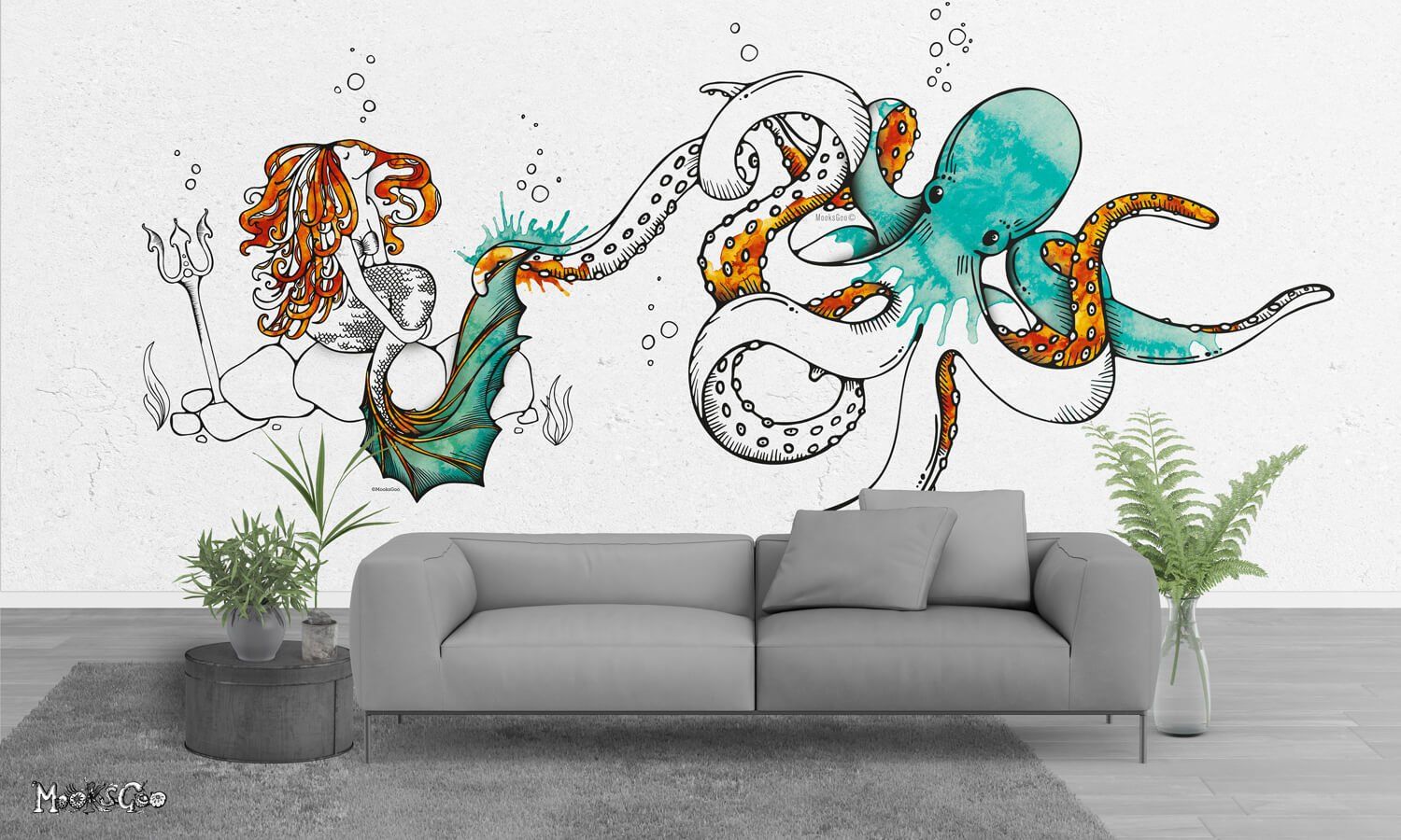 The Mermaid And The Octopus illustration, with a provocative mermaid and kraken octopus. Coloured with splashy textured burnt orange and turquoise blue watercolours. Designed by MooksGoo