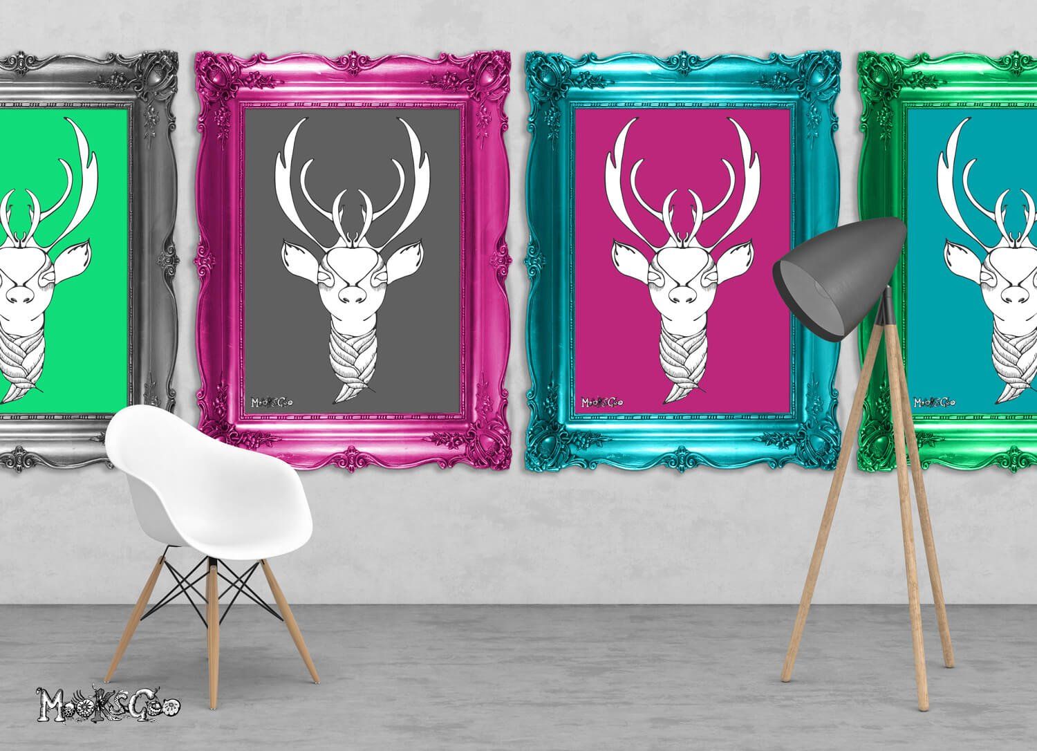 No Eye Deer is a black and white illustration or a reindeer with a vibrant coloured background. Designed by MooksGoo