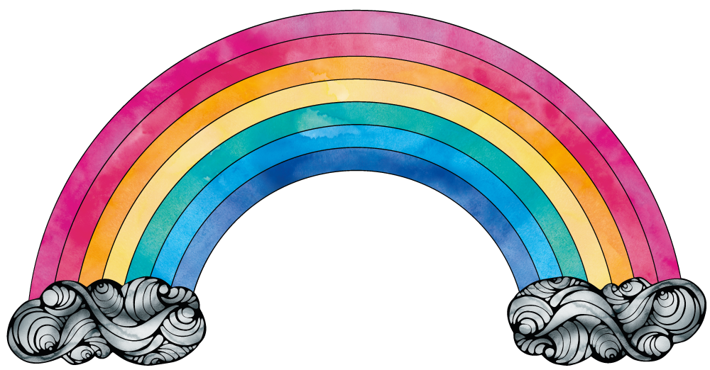 Image of a bright and colourful illustrated rainbow with vibrant watercolours, designed by MooksGoo
