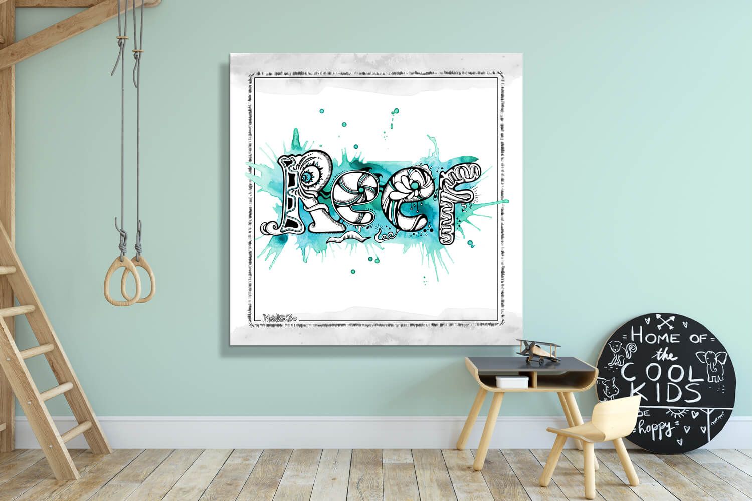 Personalised wall art inspiration for a kids bedroom or wall, with splashes of vibrant blue watercolours and illustrated typography, designed by MooksGoo