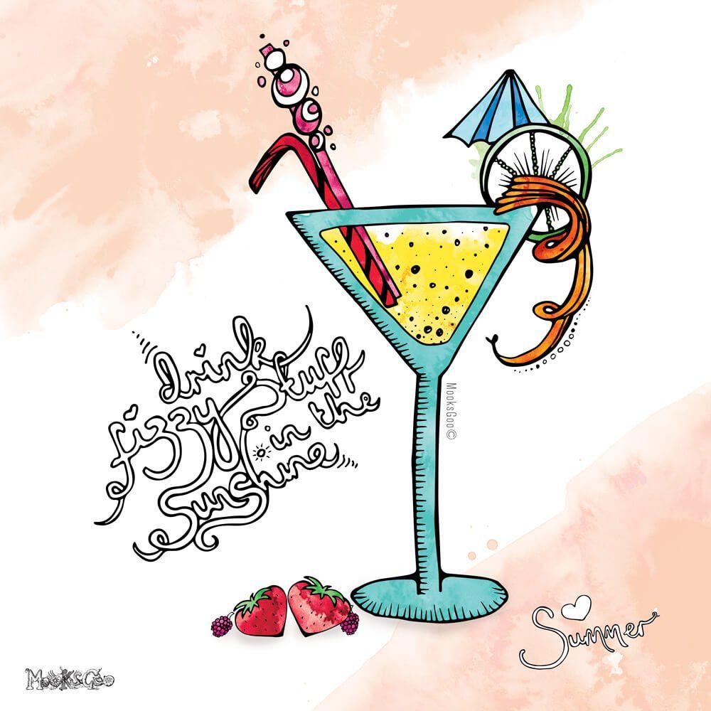 A fun watercolour champaign cocktail illustration with a curly straw, mini umbrella and strawberries, saying 'drink fizzy stuff in the sunshine'. Designed by MooksGoo