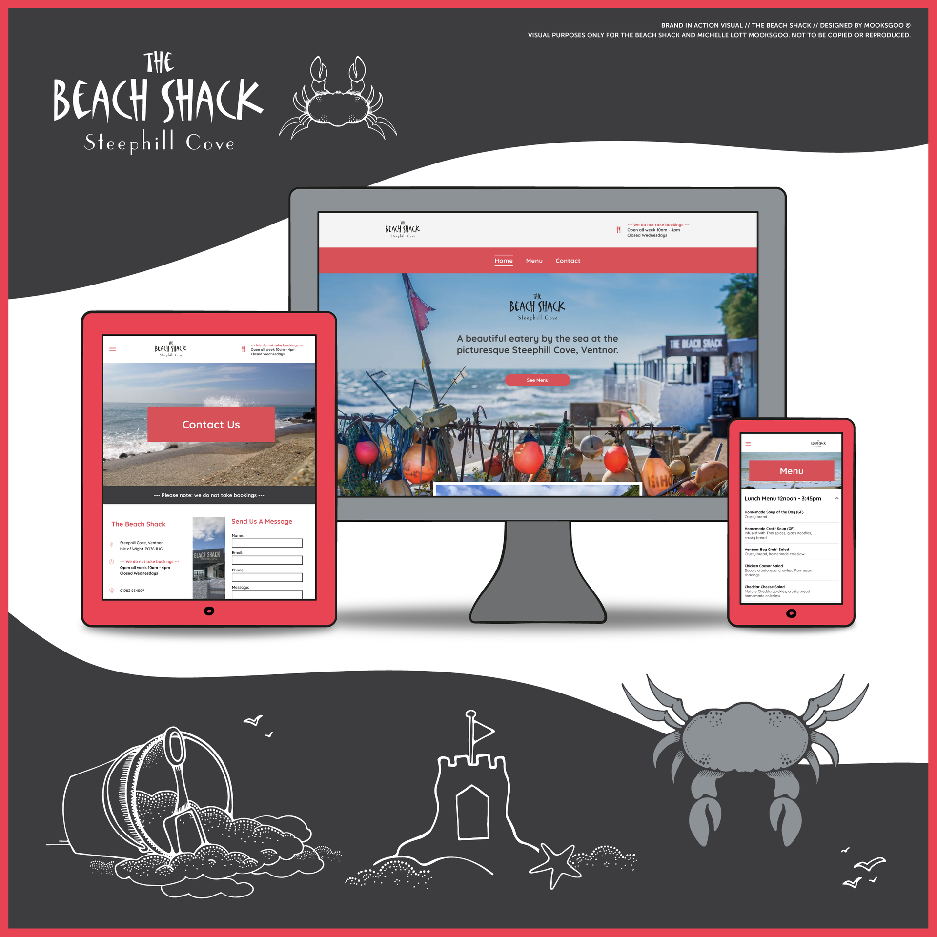 Website development, design and illustration for The Beach Shack at Steephill Cove on the Isle of Wight, designed by MooksGoo