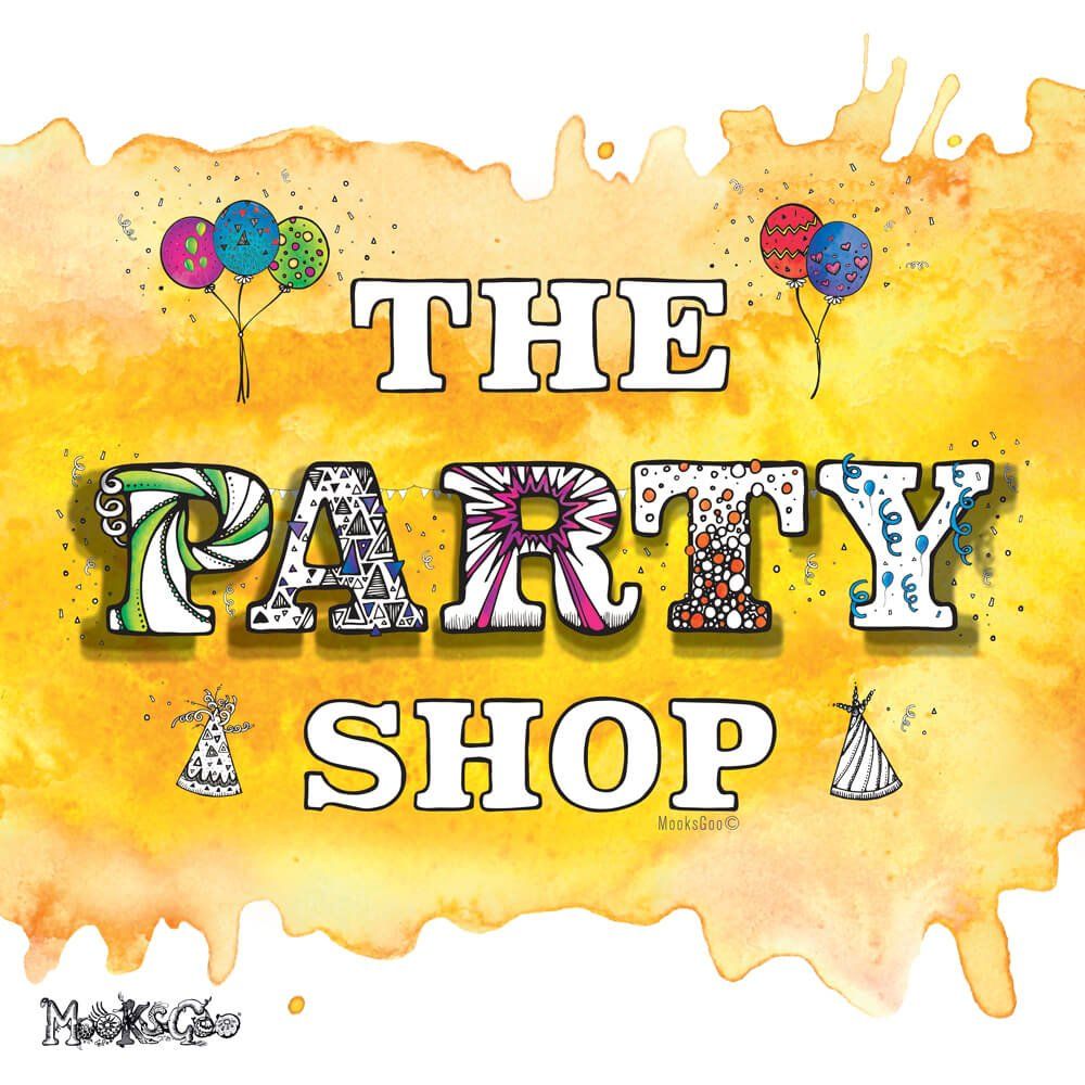The Party Shop vibrant and fun illustrated logo, with streamers, sun bursts and balloons, using a bespoke textured bright yellow watercolour background. Original artwork and Design by MooksGoo