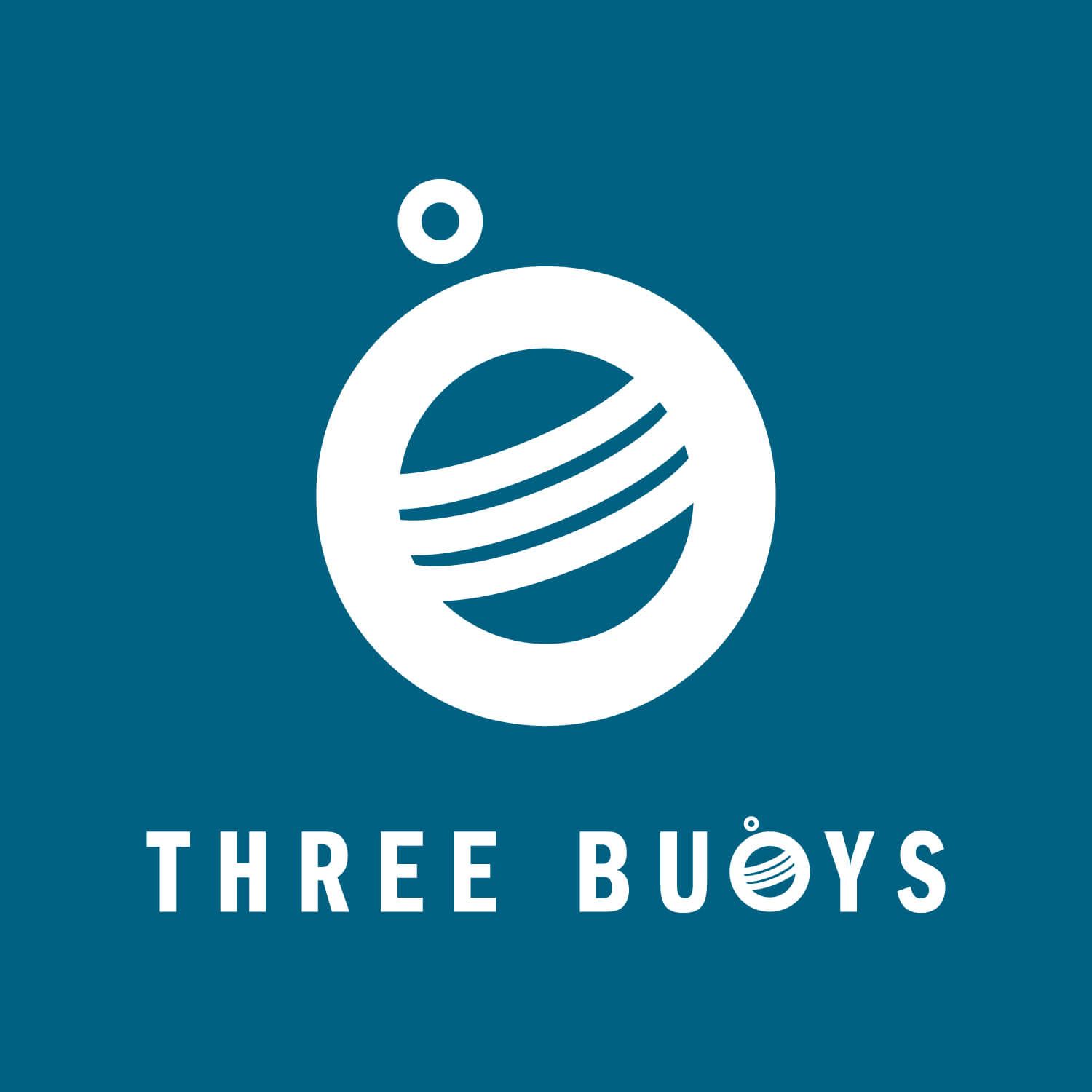 Three Buoys Restaurant logo, with a seaside and back theme, coloured teal blue and white. Designed by MooksGoo