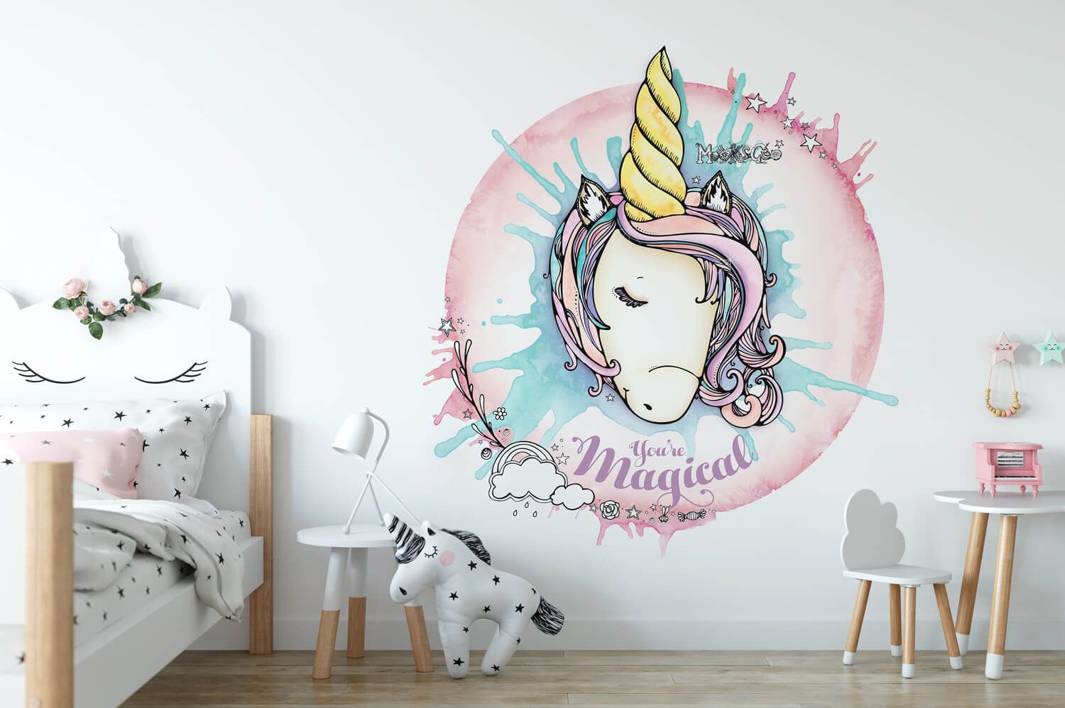 Girls bedroom wall inspiration of an illustrated children's pastel coloured magical unicorn, with stars, clouds, rainbows and flowers. Designed by MooksGoo