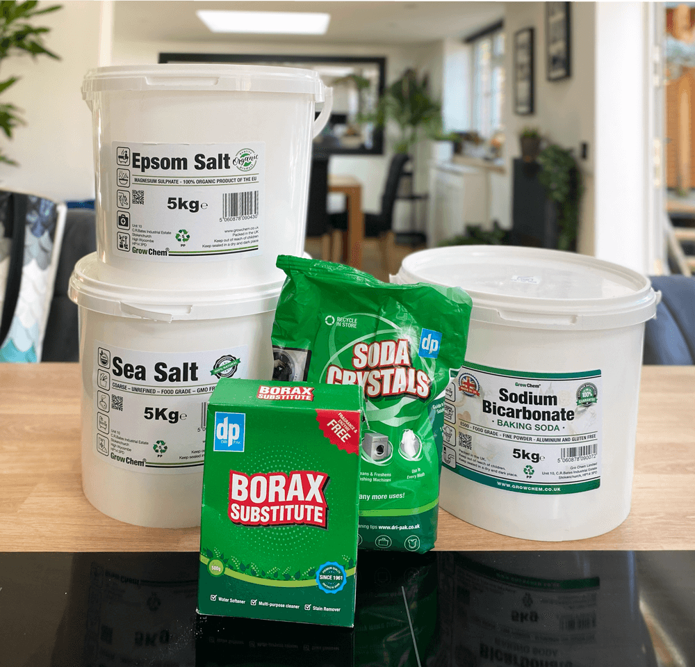 Ingredients for toxic free washing powder including borax substitute, sodium bicarbonate, sea salt, epsom salts and soda crystals, recipe by MooksGoo