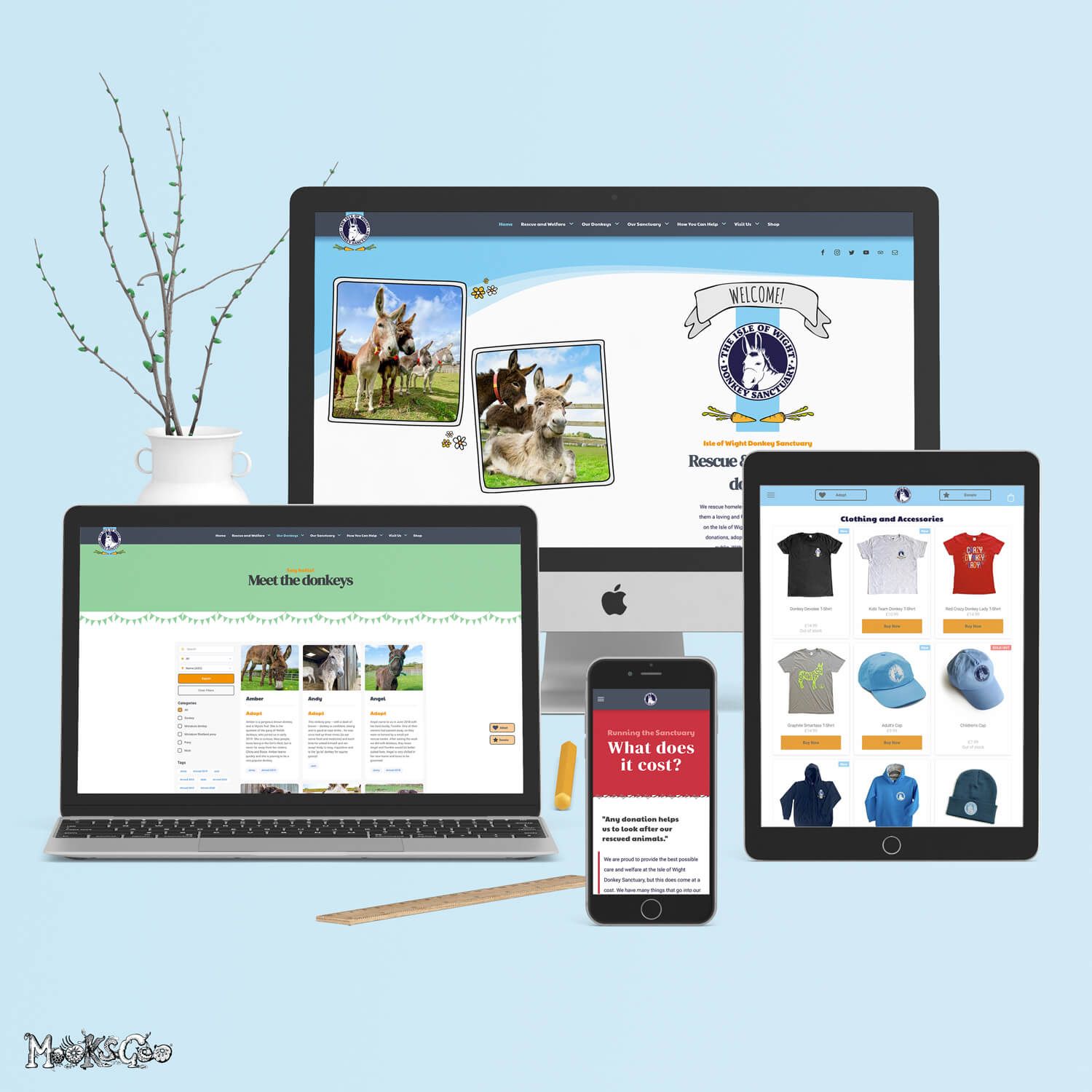 Website design for the isle of wight donkey sanctuary for adoptions, shop, welfare and the donkey's stories, designed and developed by MooksGoo
