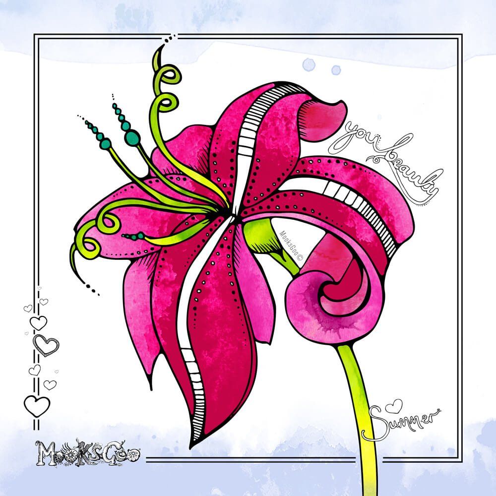 A beautiful blooming bright pink lily with bright green stems, coloured with watercolours. Illustrated by MooksGoo.
