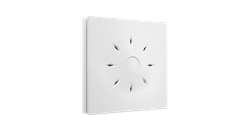 White, square smart home device with radiating light design.