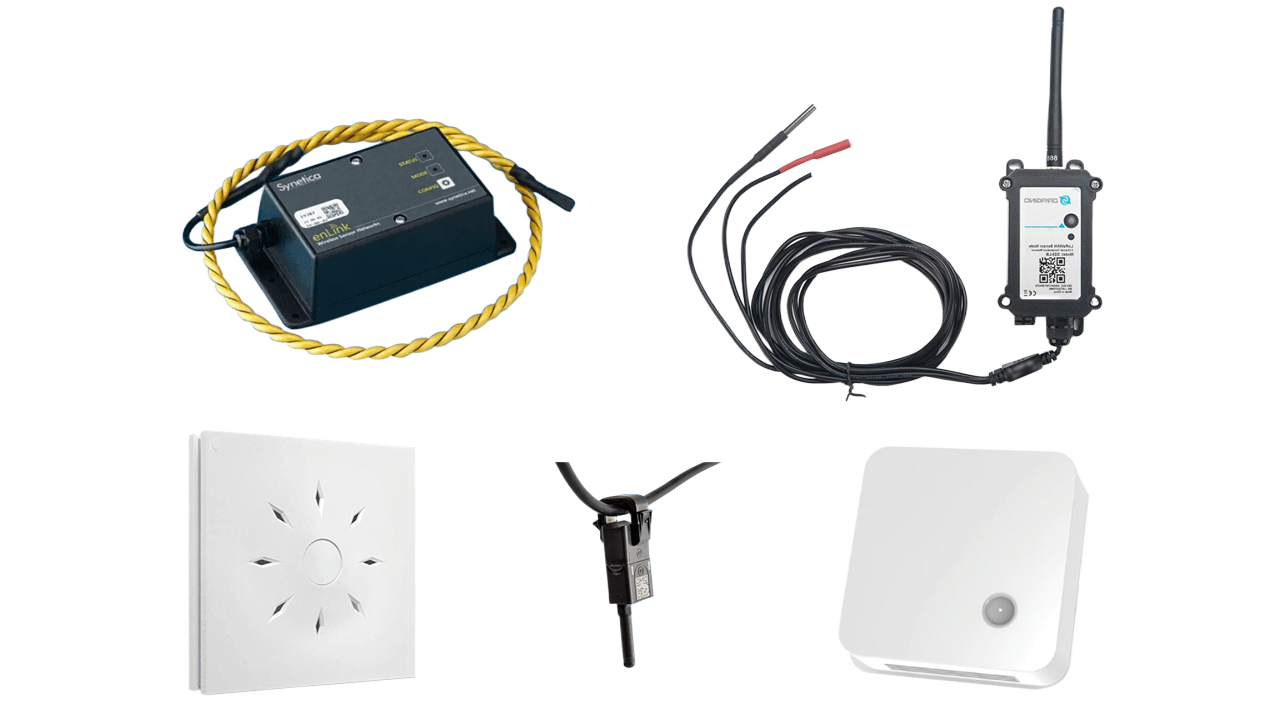 Assortment of monitoring and sensing devices, including wireless modules, sensors, and a control panel.
