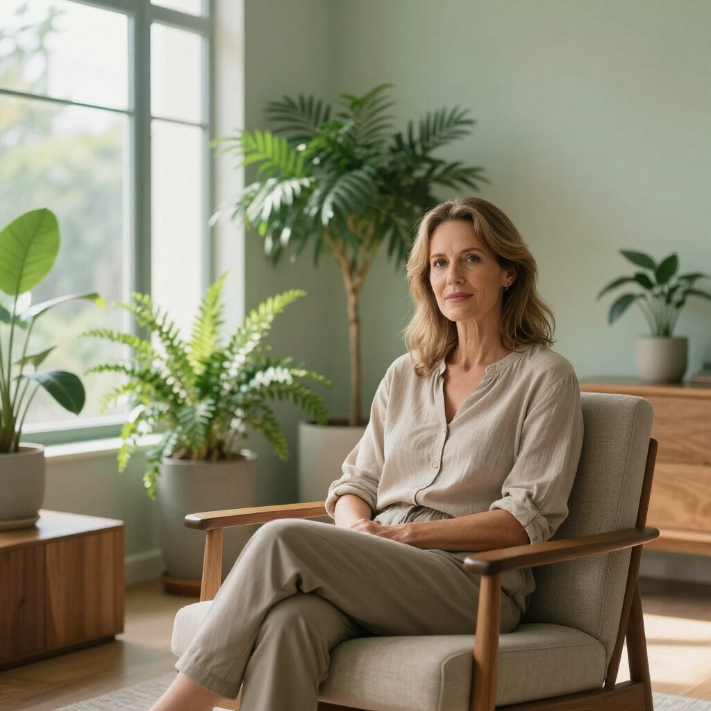 Vrouw zit in een gezellige woonkamer met kamerplanten bij een licht raam.