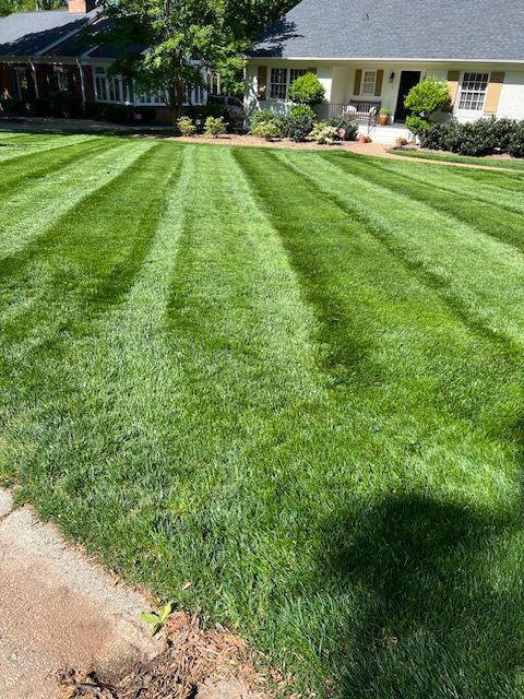 A lush green lawn with striped grass in front of a house.
