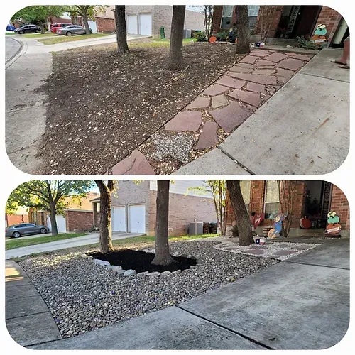 A before and after picture of a sidewalk in front of a house .