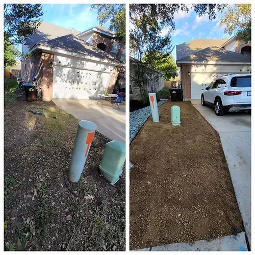 A before and after picture of a house with a car parked in front of it .