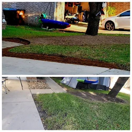 A before and after picture of a lawn with a kayak in the background .