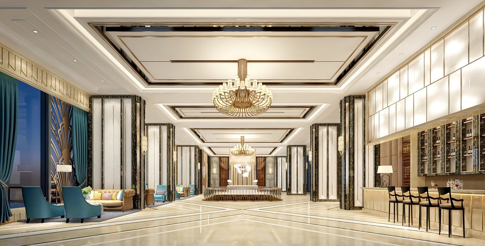 A large hallway in a hotel with a chandelier hanging from the ceiling.