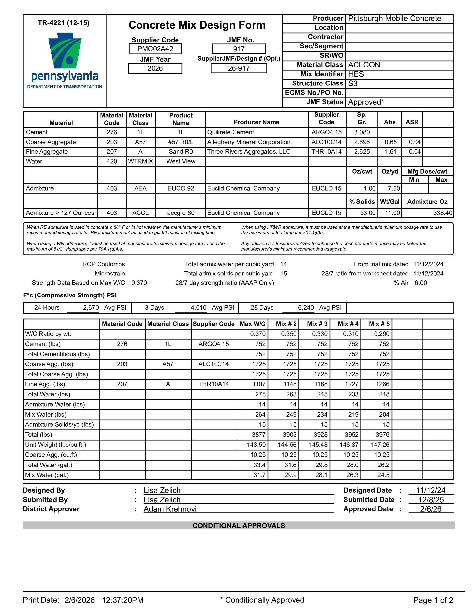 Concrete Mix Design Form, with fields for material properties and mix proportions.