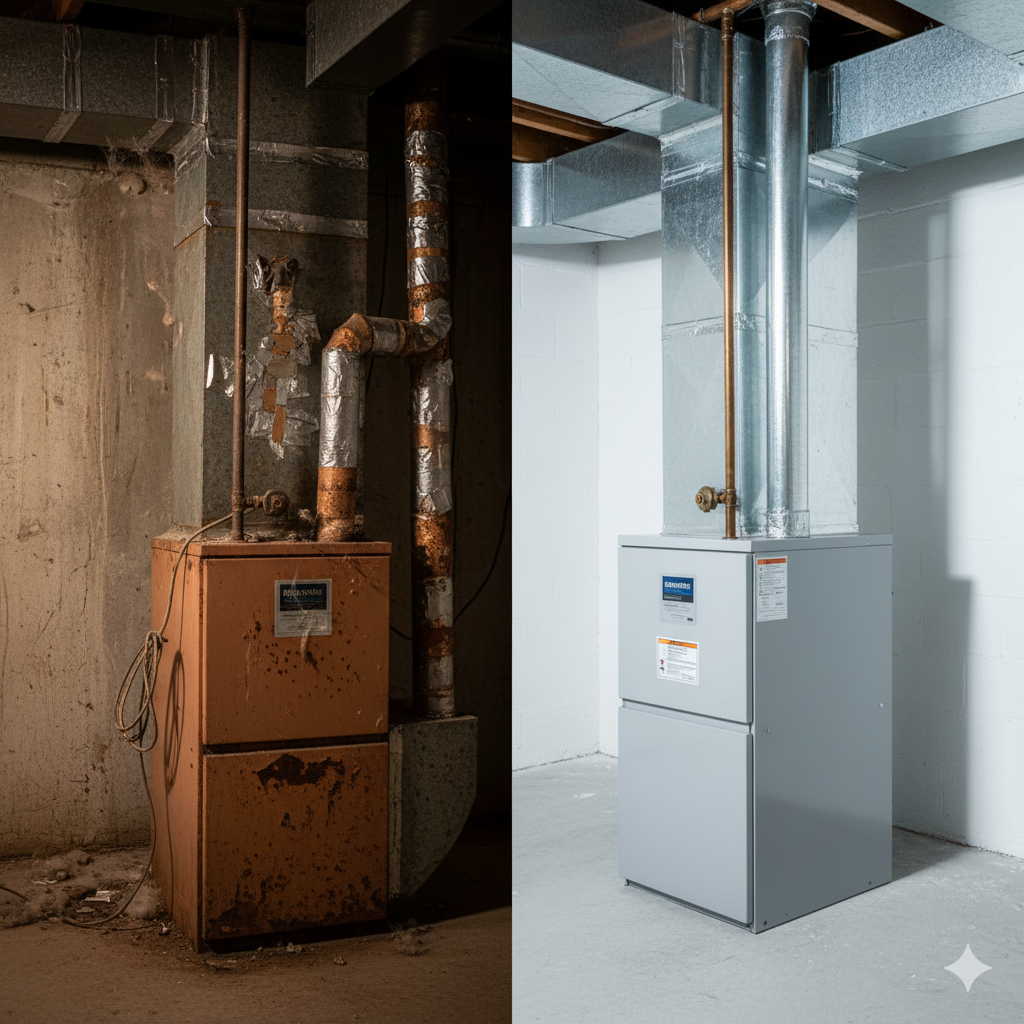 Comparison of an old, rusty furnace against a new, clean furnace in a basement.
