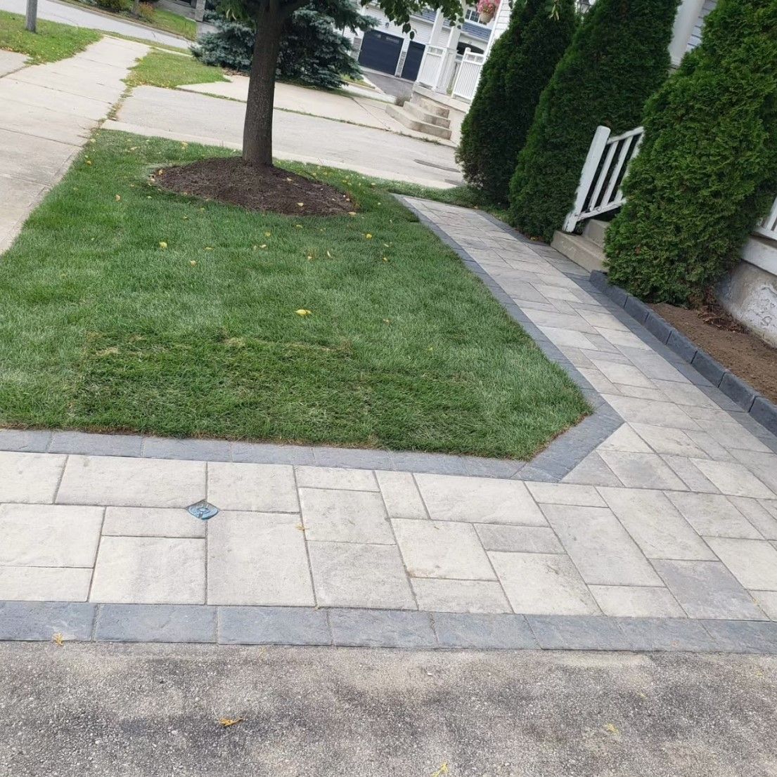 Stone walkway and grass lawn border a house.