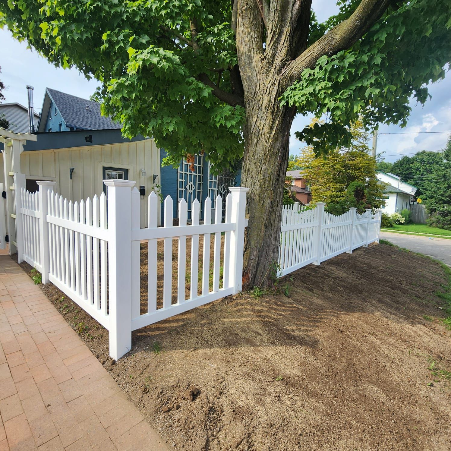 White picket fence surrounding a tree and a small house, on a sidewalk, brown soil.
