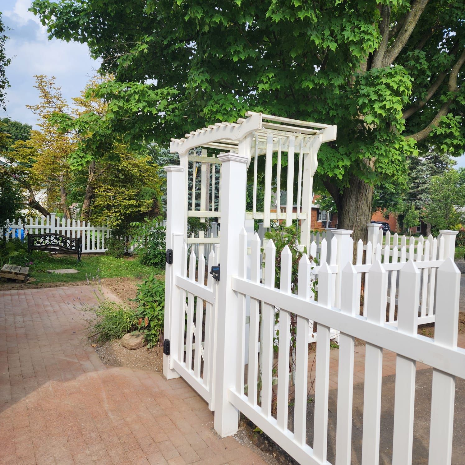 White picket fence with gate and arbor leading to a garden with large trees.