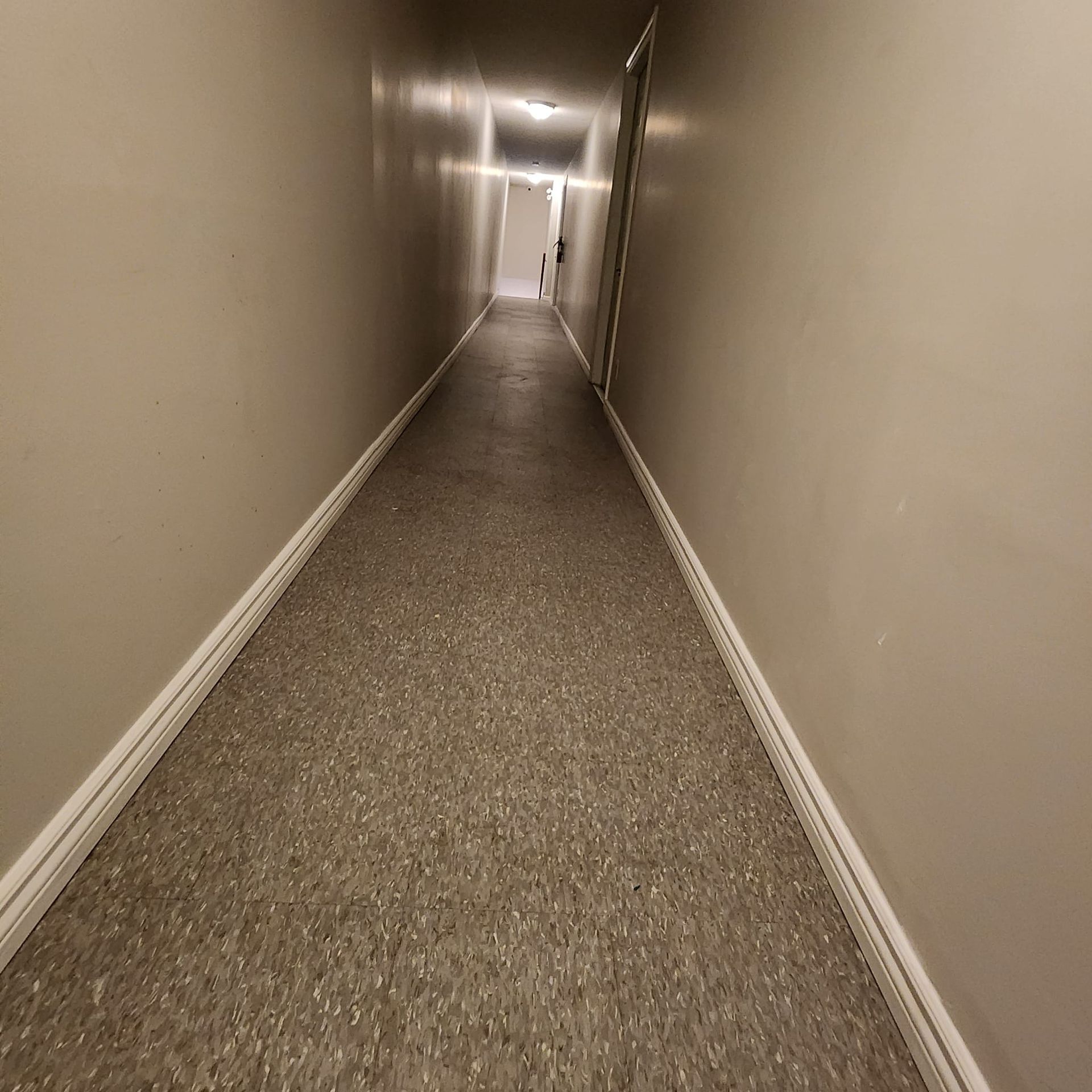 Long, narrow hallway with speckled carpet, beige walls, and white baseboards.